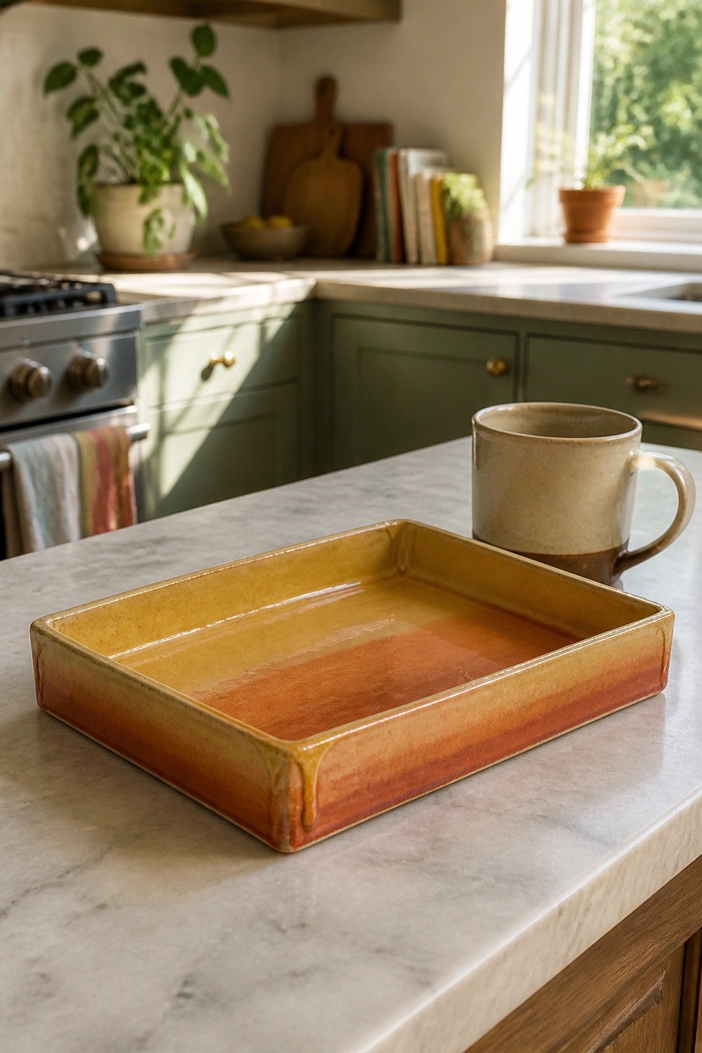 Yellow-orange ceramic tray beside beige mug on white marble countertop.