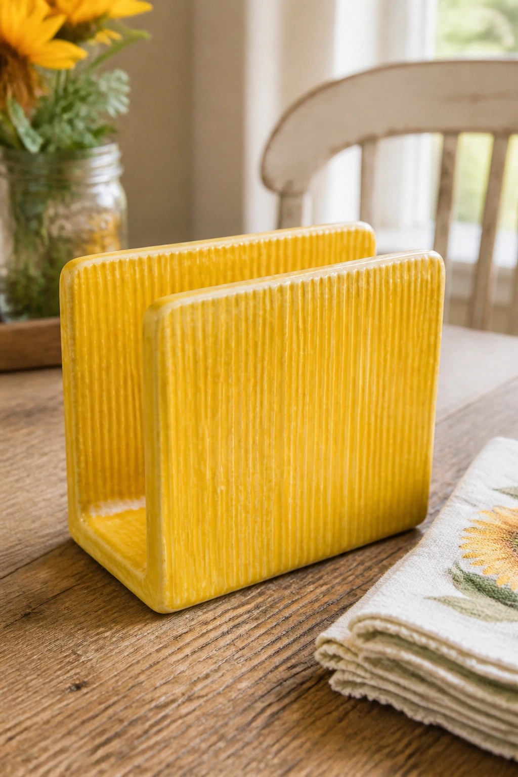 Yellow ribbed ceramic napkin holder on wooden table beside embroidered napkins.