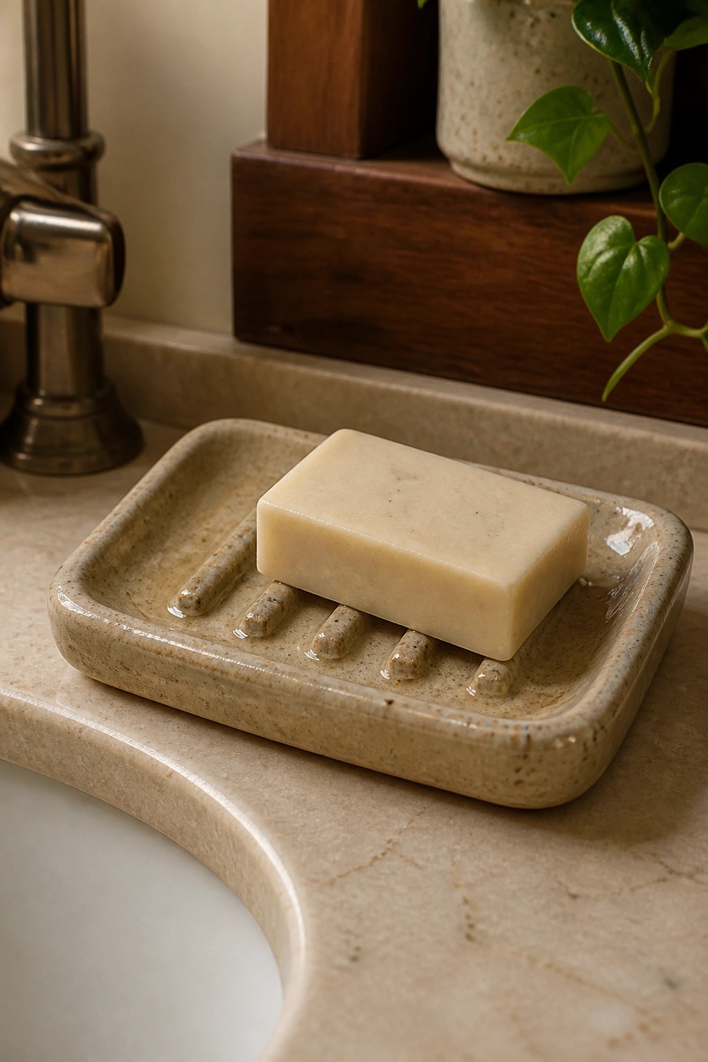 Beige soap bar on ridged speckled ceramic dish with water droplets on marble counter
