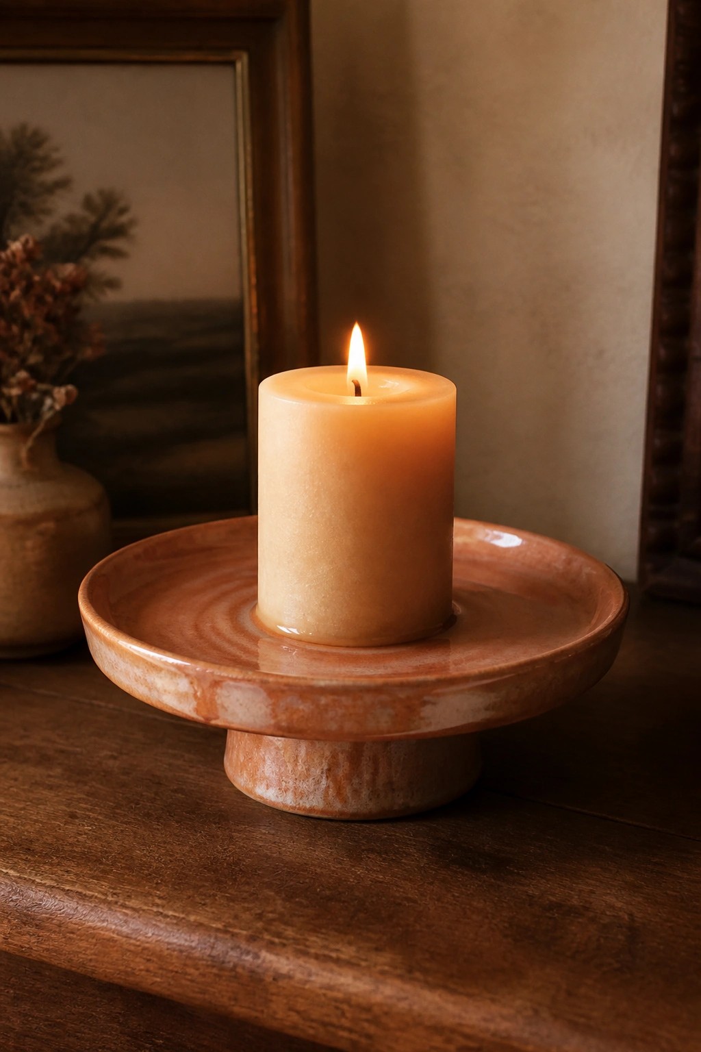 Lit peach candle on rustic terracotta pedestal plate atop wooden table
