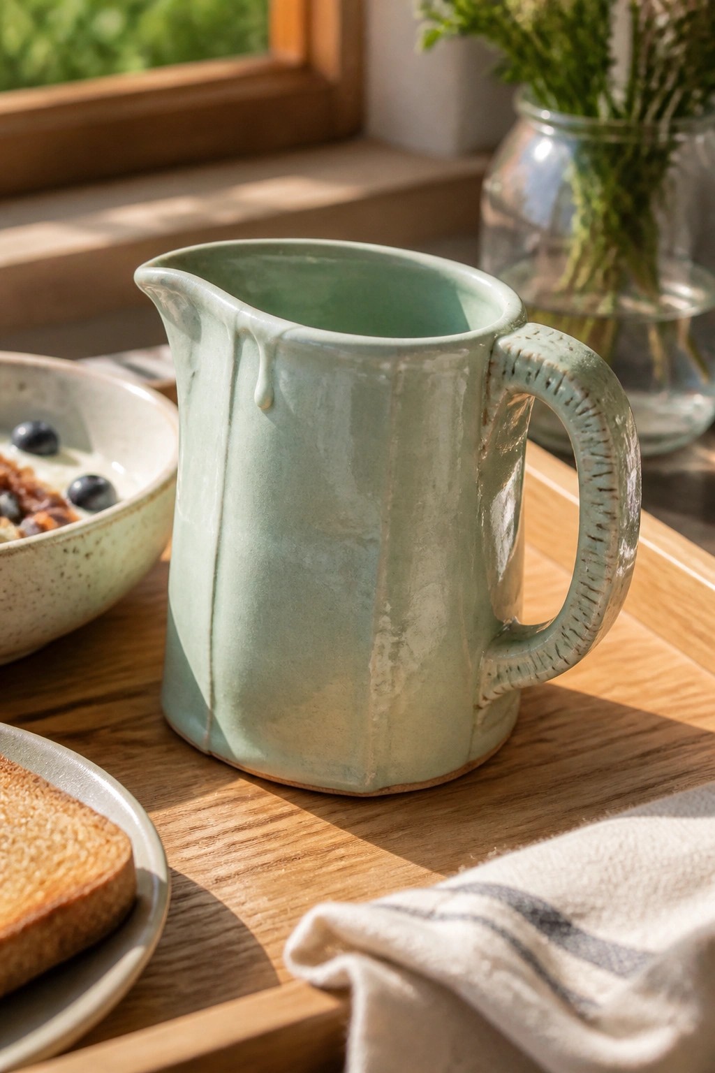 Light green ceramic pitcher on wooden tray beside toast, berries and flowers