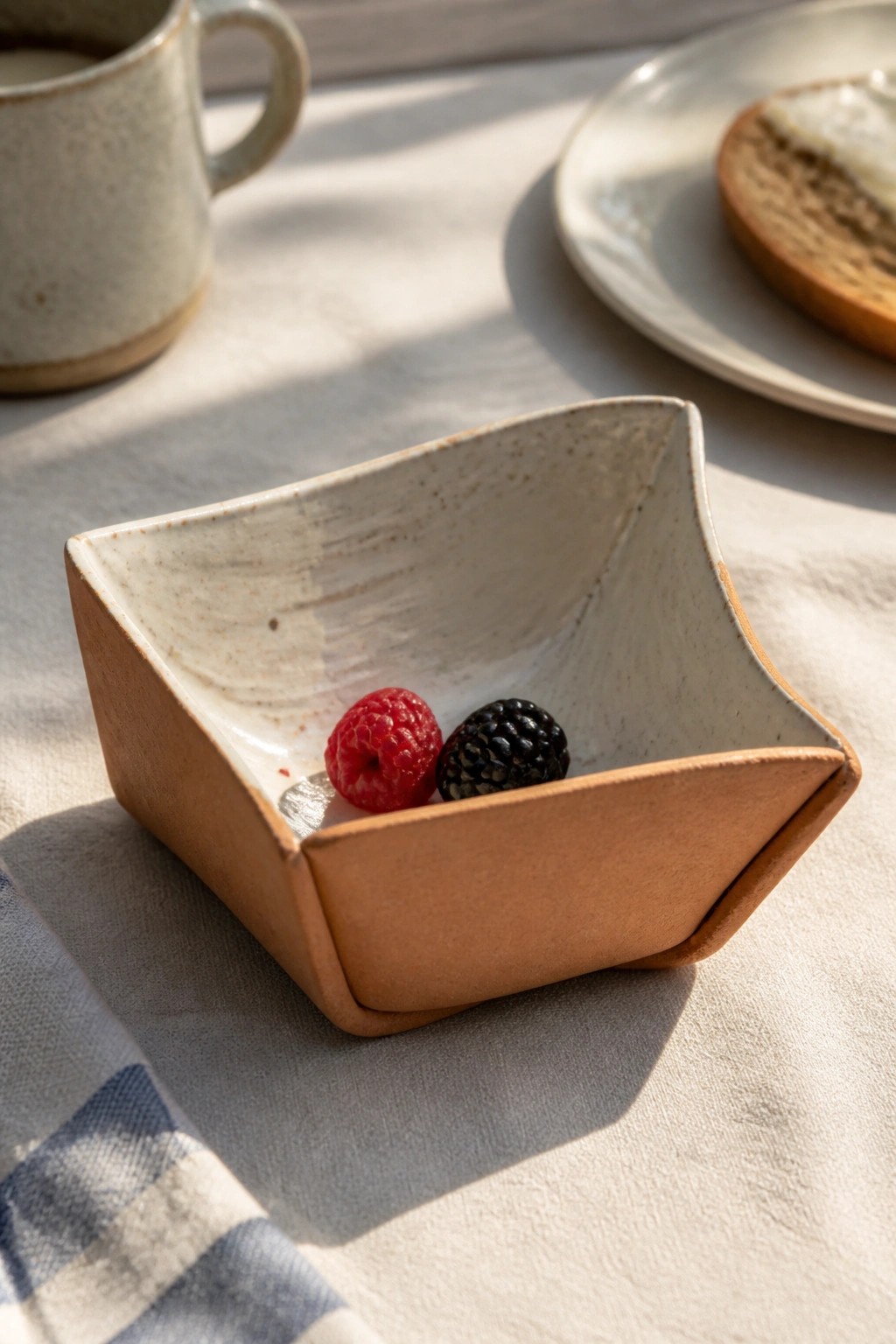 Rustic ceramic bowl with raspberry and blackberry on sunlit table with mug and plate
