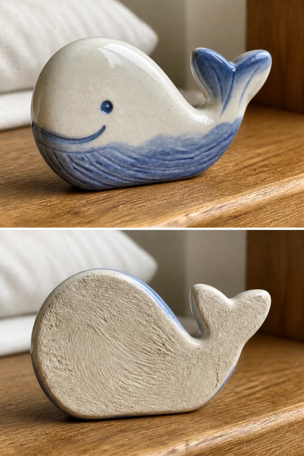 Glazed blue-and-white smiling whale figurine above its unglazed matte bisque version on wood.