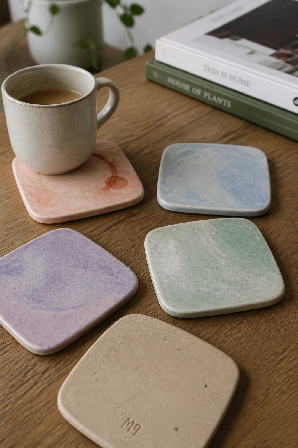 Pastel ceramic coasters on wooden table with coffee cup and stacked books.