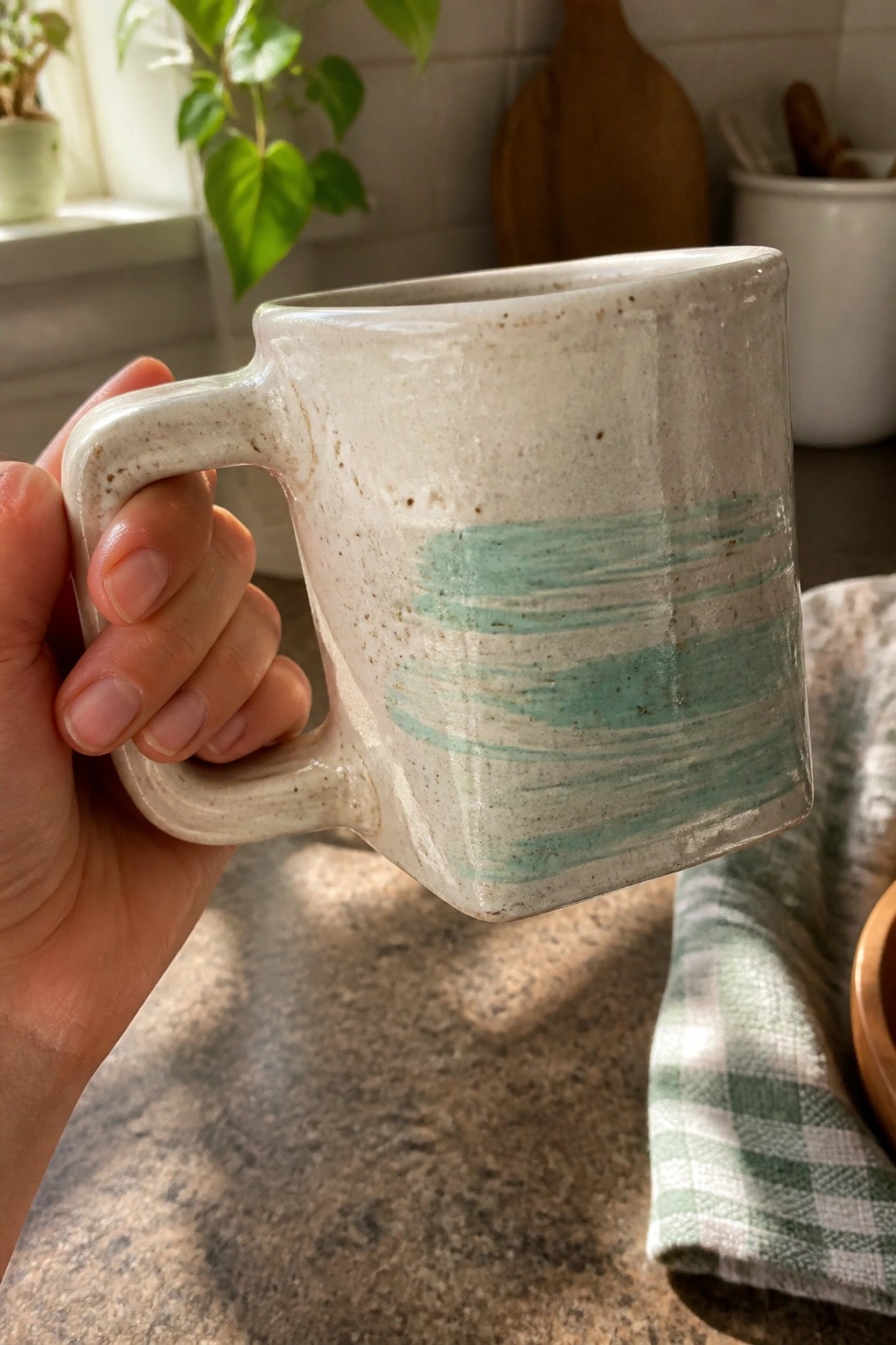 Hand holds speckled white ceramic mug with turquoise brushstroke stripes.
