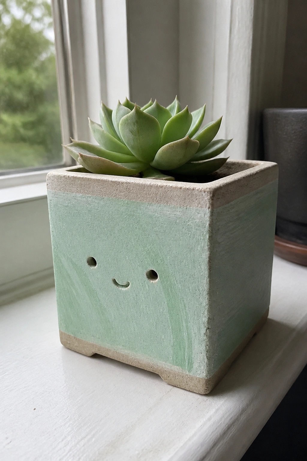 Succulent plant in light green square pot with smiley face on windowsill