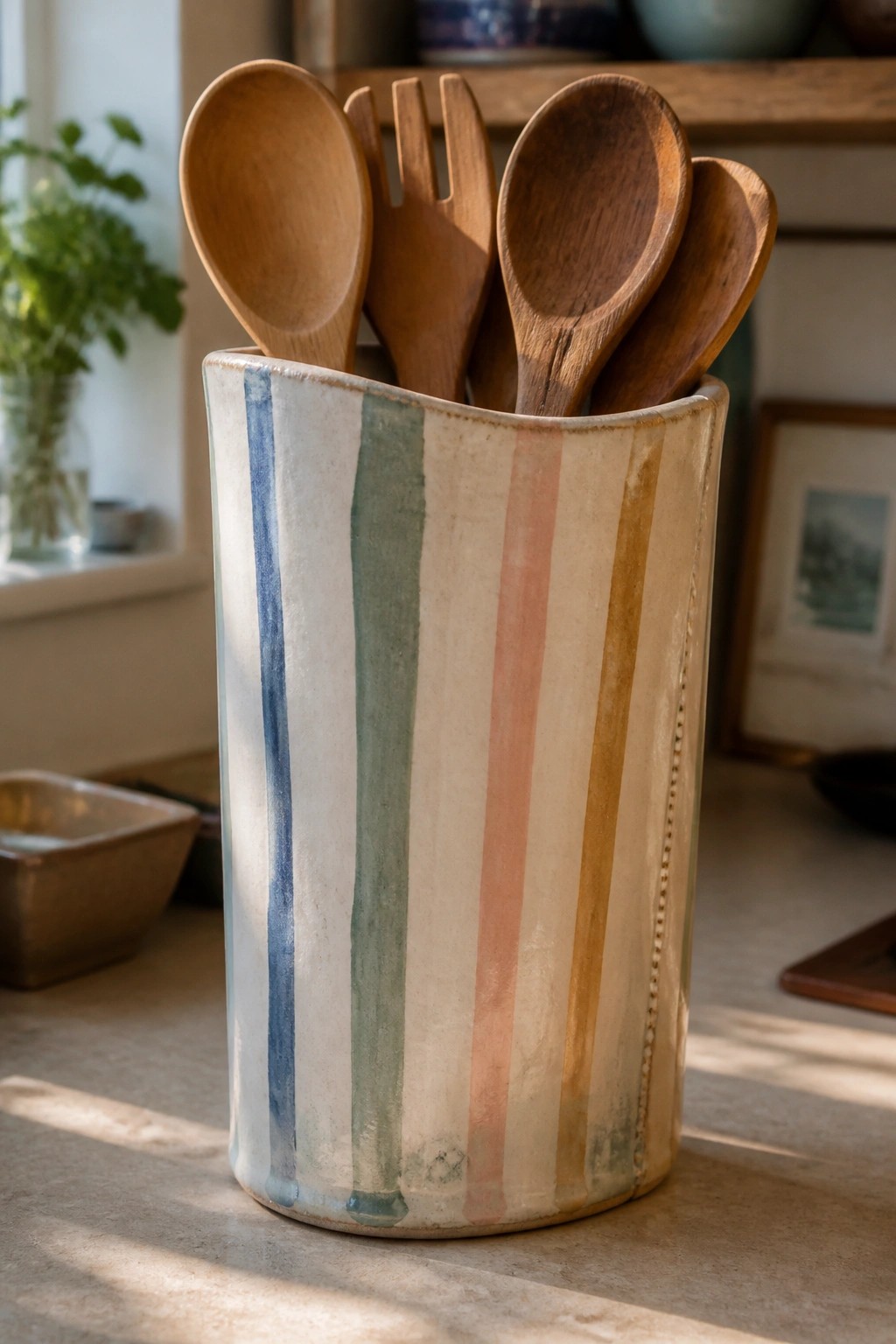Striped ceramic holder with wooden spoons and forks on sunlit countertop