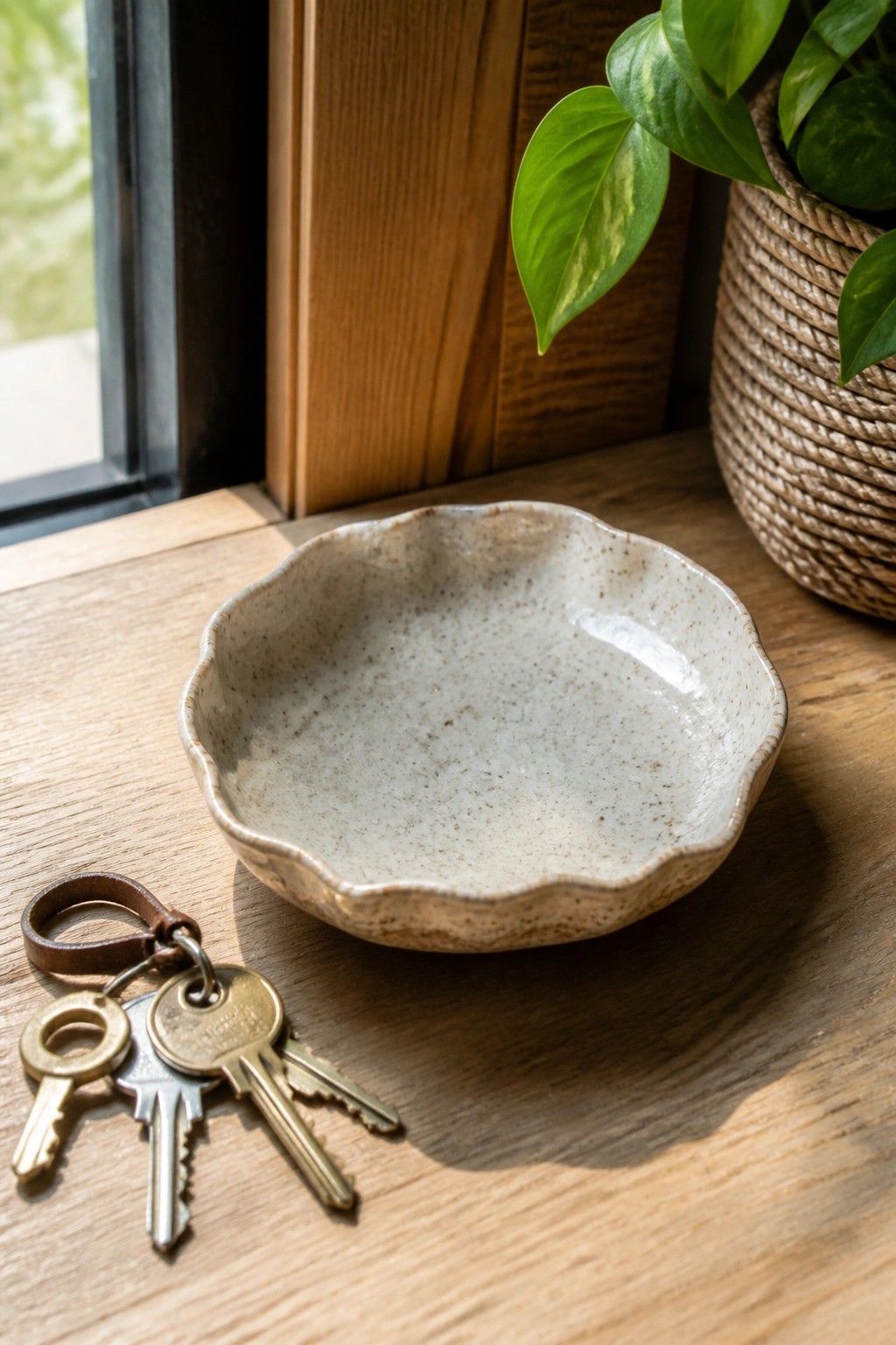 Scalloped ceramic bowl and keys on wooden windowsill beside potted plant