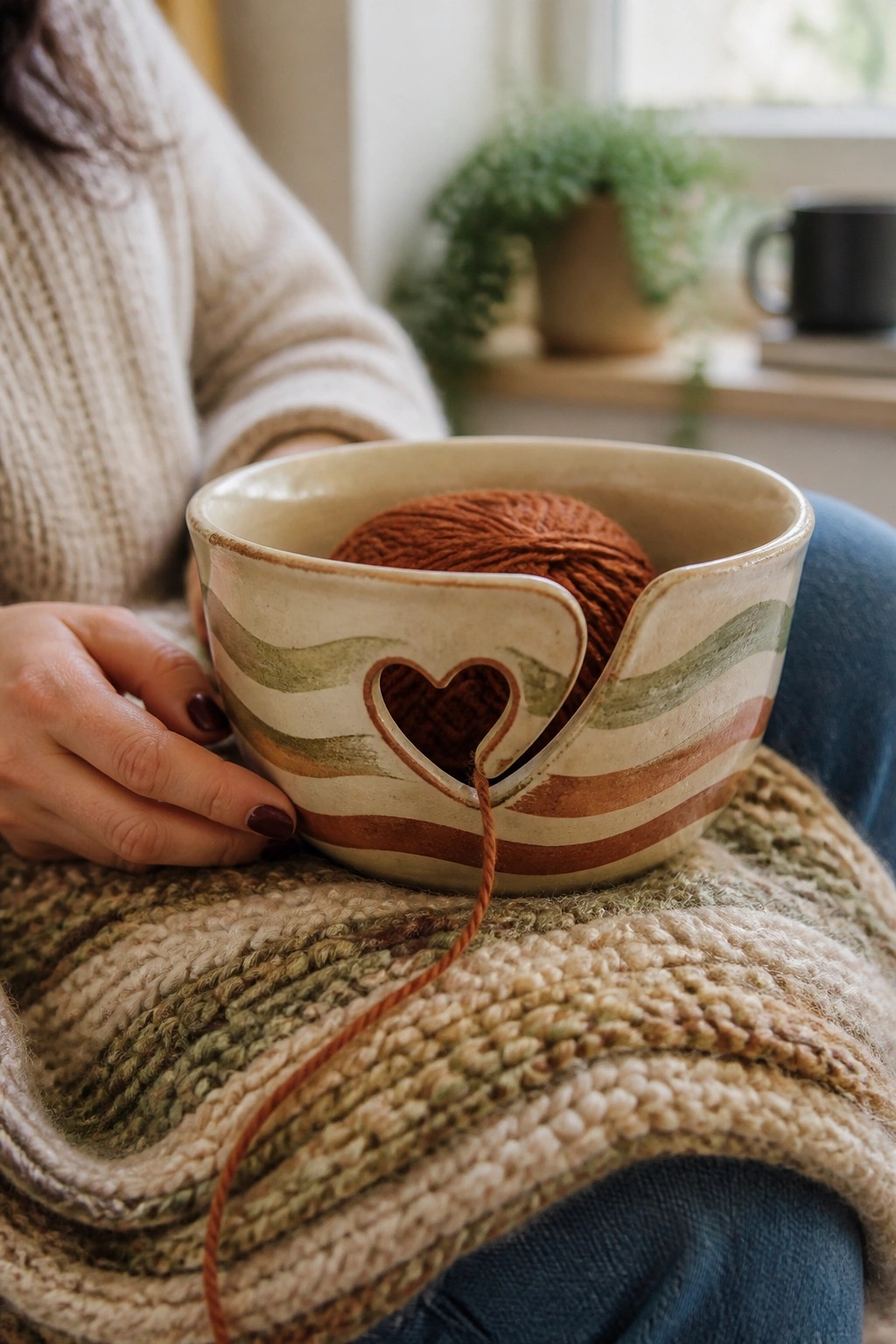 Hands in beige sweater holding striped heart-cutout yarn bowl with orange yarn