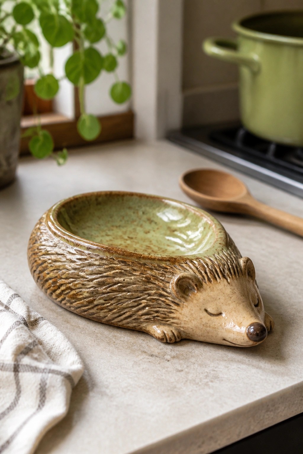 Ceramic hedgehog bowl with green interior beside wooden spoon on kitchen counter