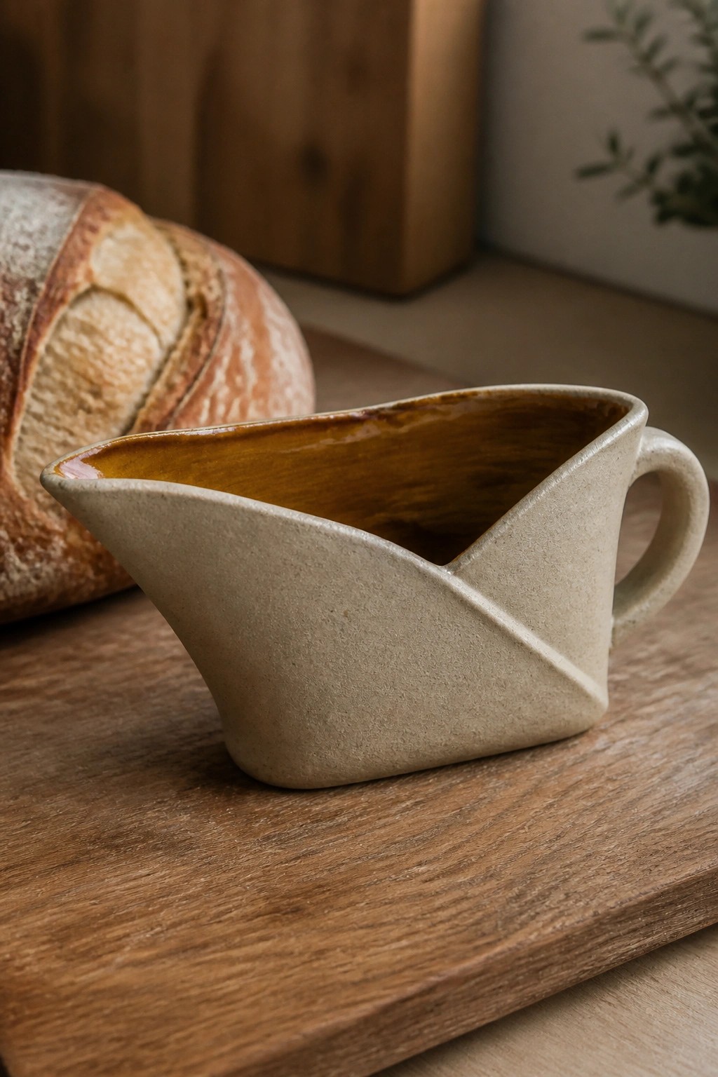 Beige ceramic gravy boat beside crusty bread loaf on wooden board.