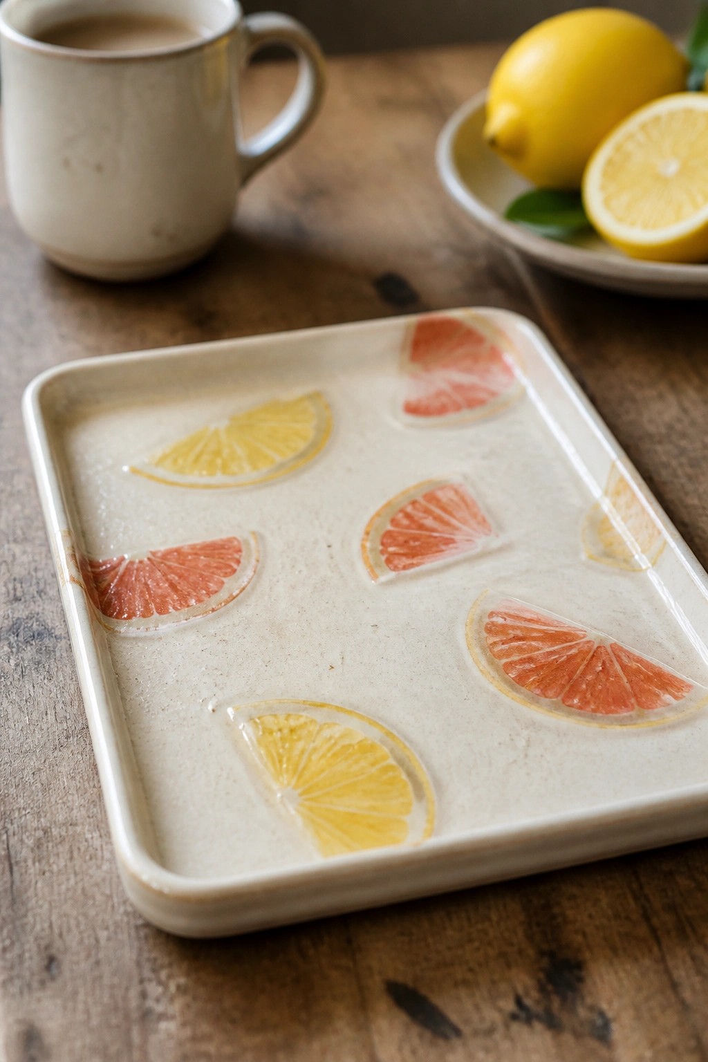 Ceramic tray with yellow and pink citrus slices near mug and lemons on wooden table.
