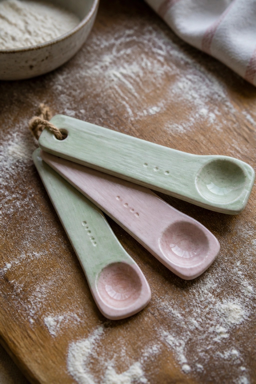 Pastel green and pink ceramic measuring spoons tied with twine on floured wood