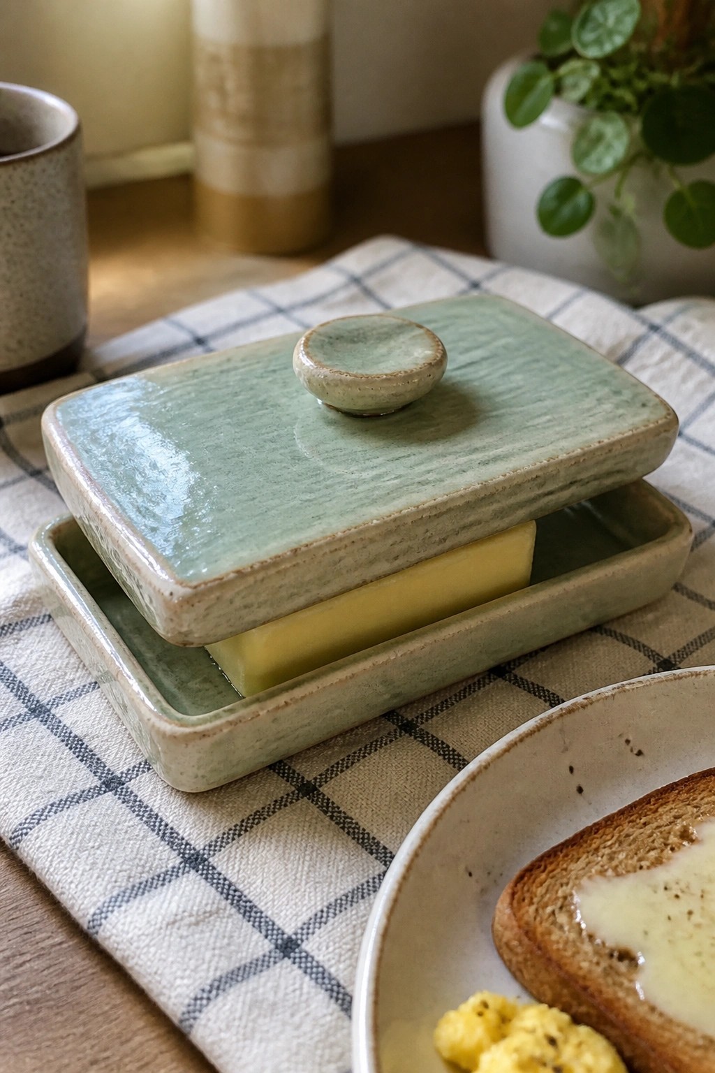 Green ceramic butter dish on checkered cloth beside toast with melting butter and eggs