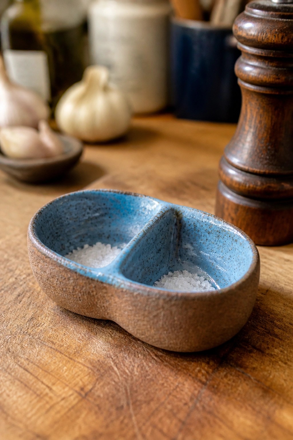 Blue ceramic two-compartment dish with salt on wooden table beside pepper mill