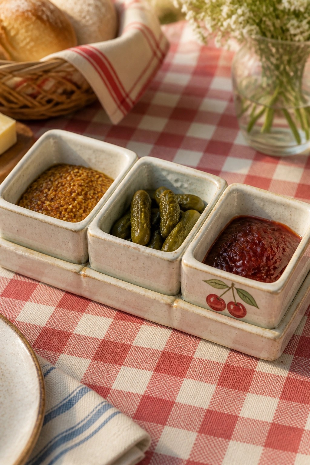 Ceramic tray of mustard, pickles, and jam on red checkered tablecloth with bread