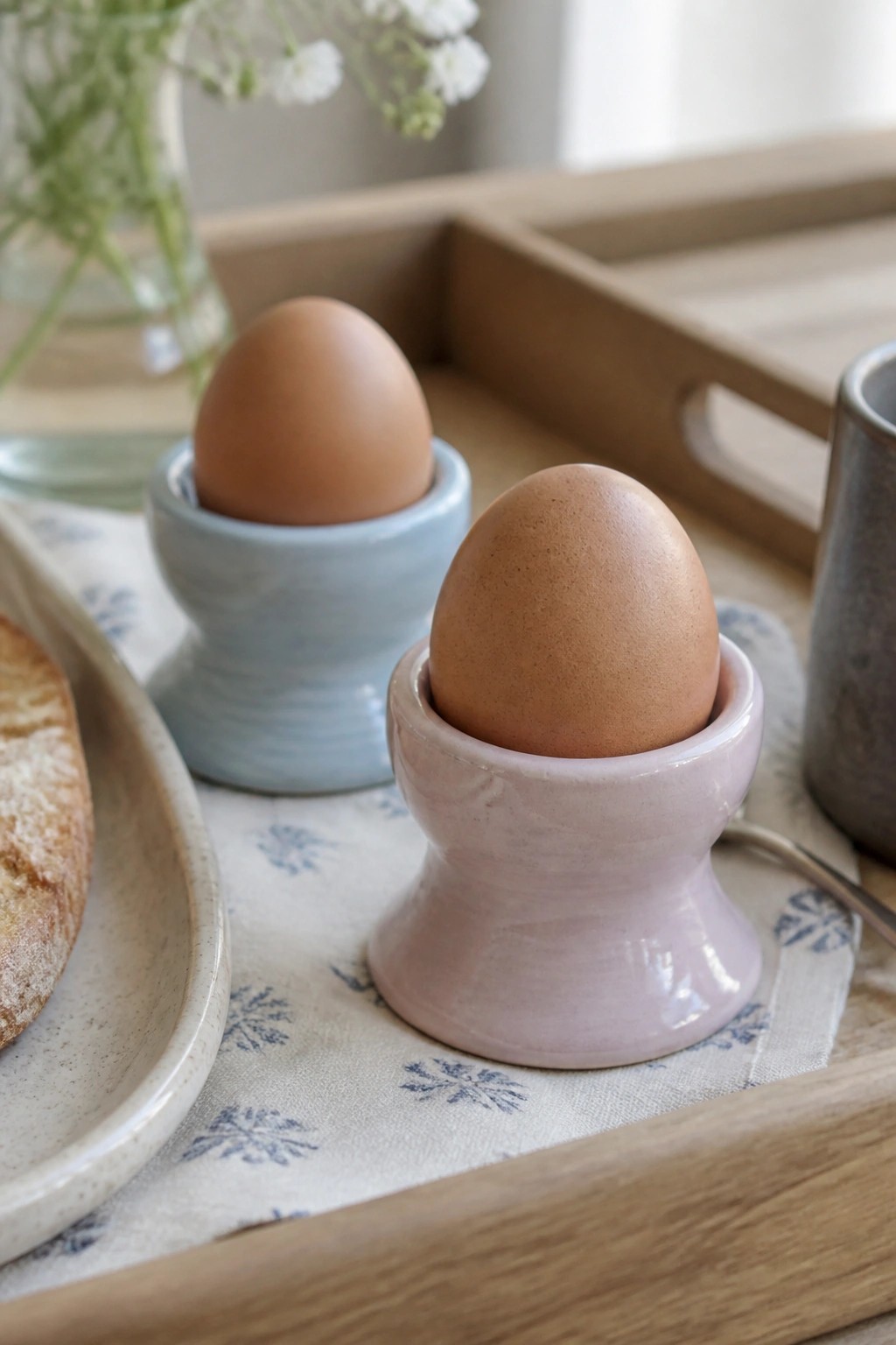 Two brown eggs in blue and pink ceramic cups on wooden breakfast tray