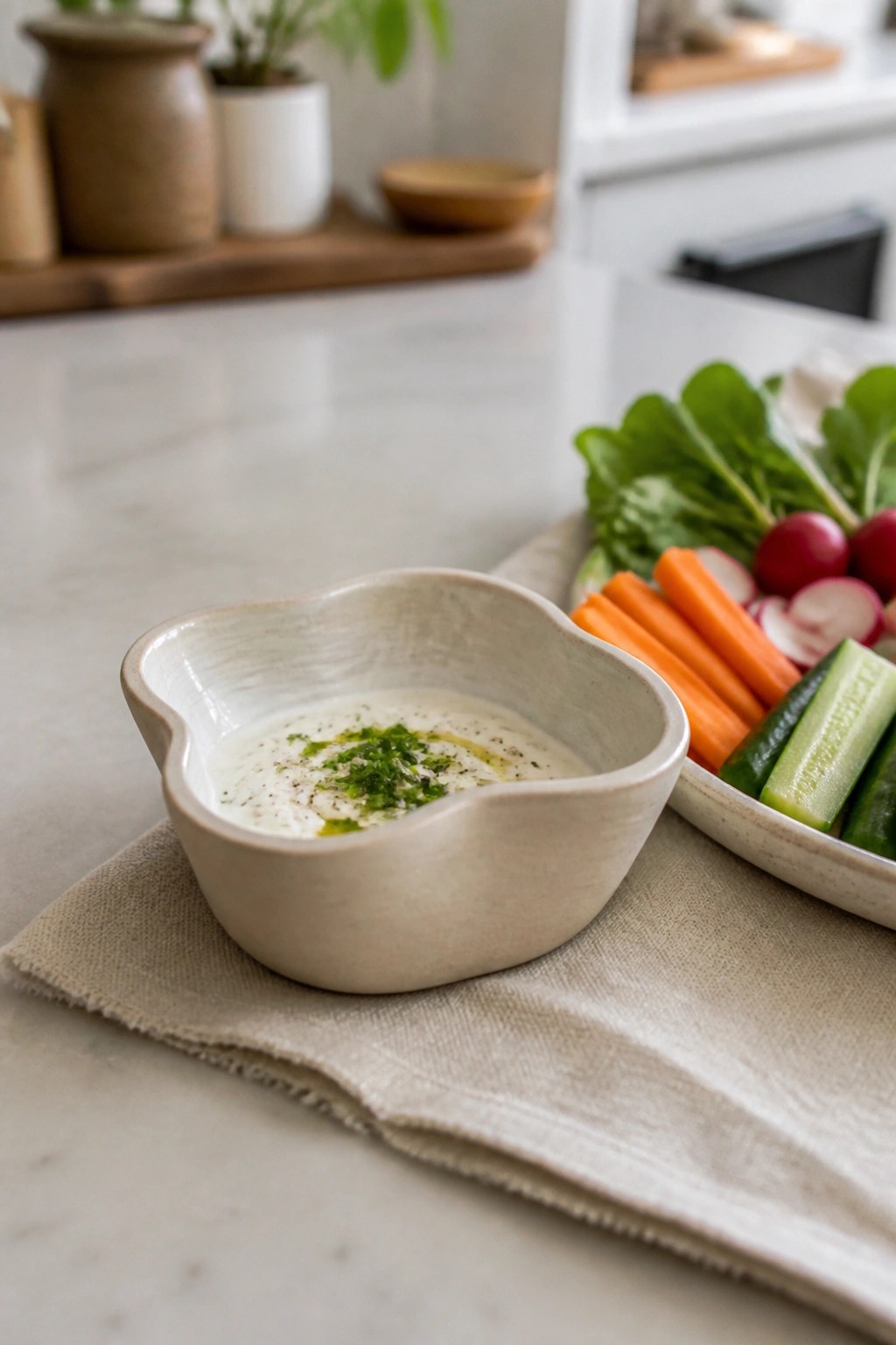 Bowl of creamy herb-garnished dip beside fresh vegetables on marble counter