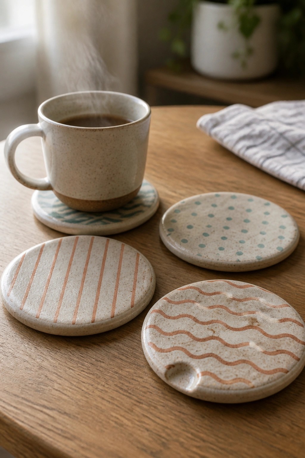 Steaming ceramic mug on leaf coaster beside three patterned coasters on wooden table