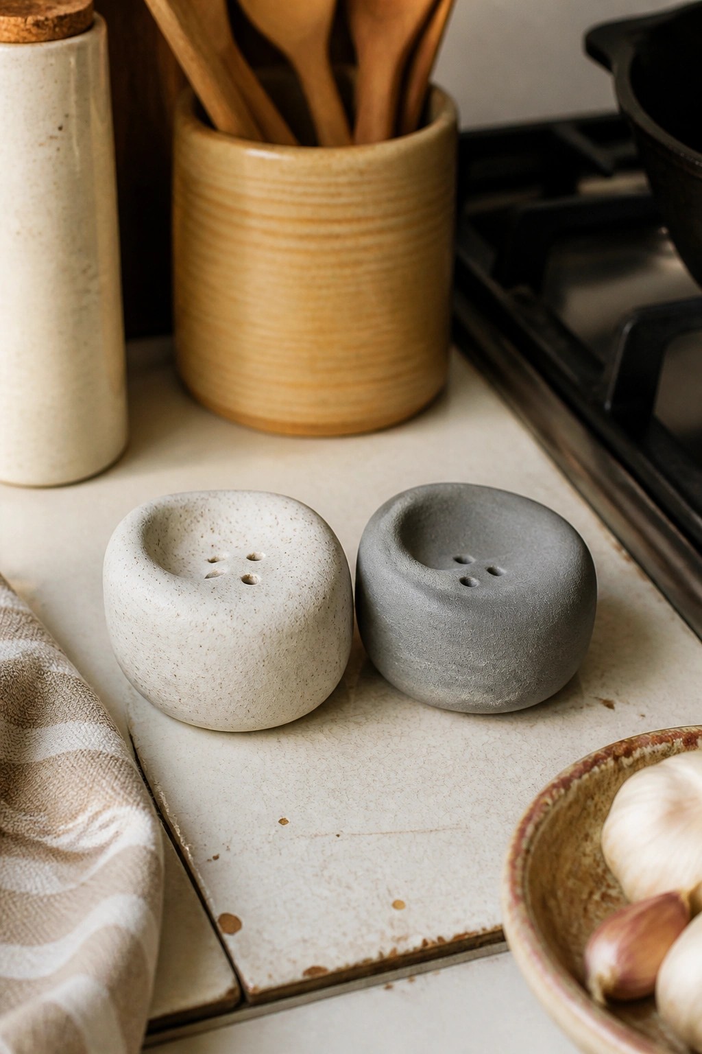 Two speckled ceramic salt and pepper shakers on a white kitchen counter