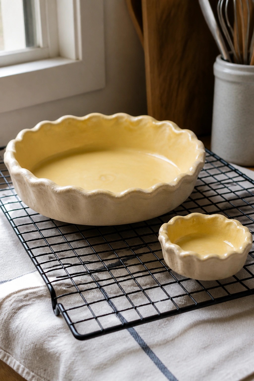 Yellow ceramic tart pans with filling on black wire cooling rack over striped cloth