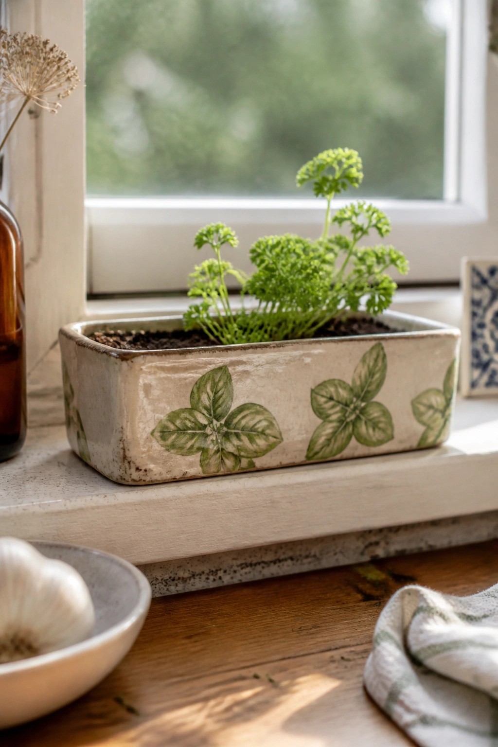 Ceramic herb planter with parsley on white windowsill beside garlic and cloth