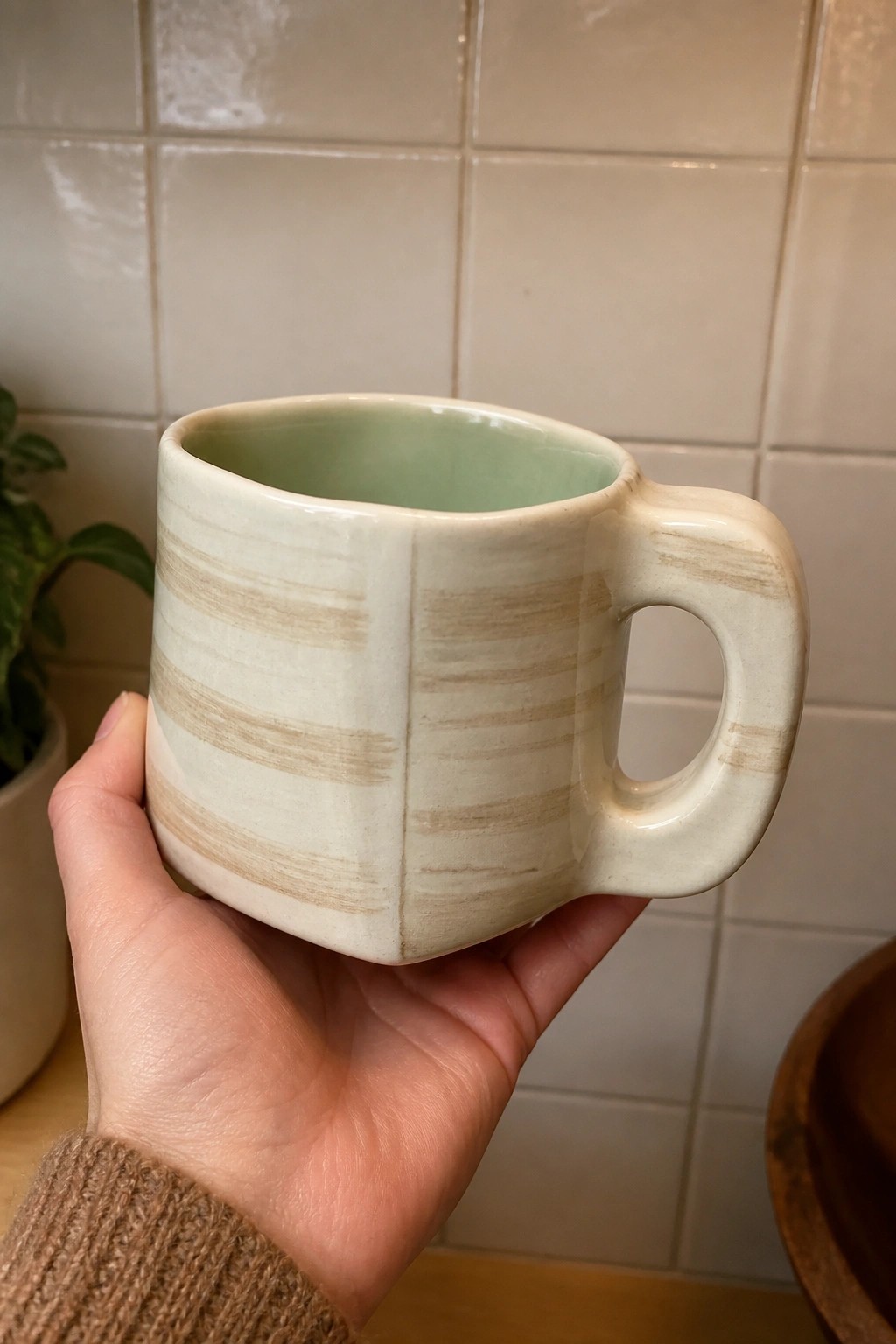 Hand in brown knit sleeve holds white mug with beige stripes and green interior