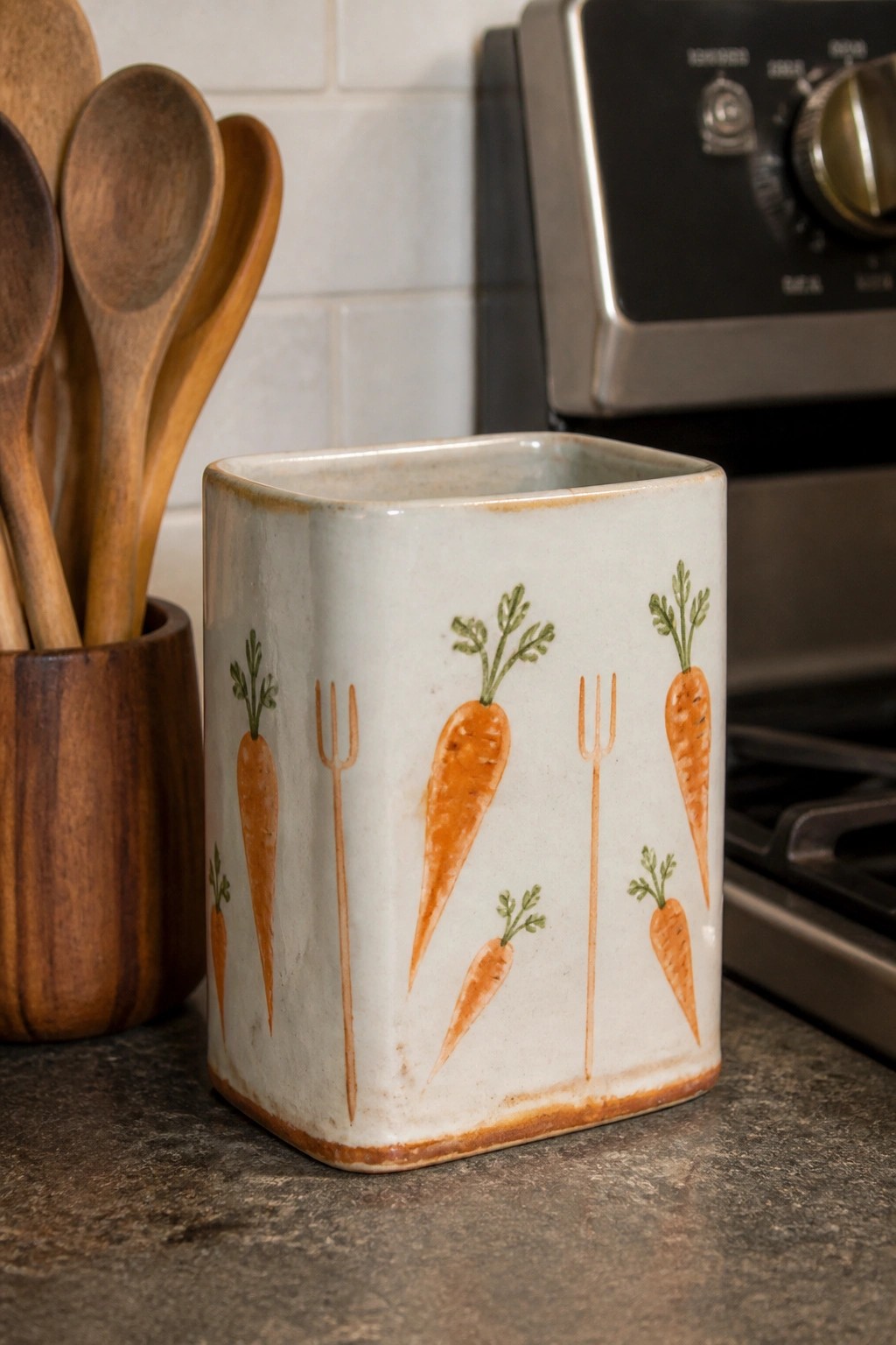 Square ceramic container with orange carrot and pitchfork illustrations on kitchen counter