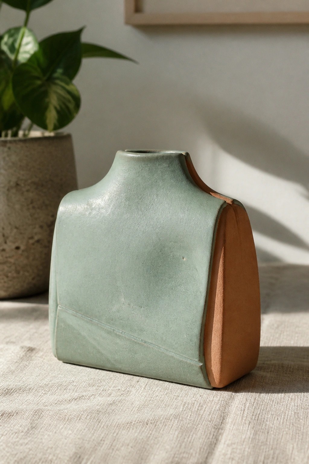 Sage green angular ceramic vase with terracotta side on textured linen cloth