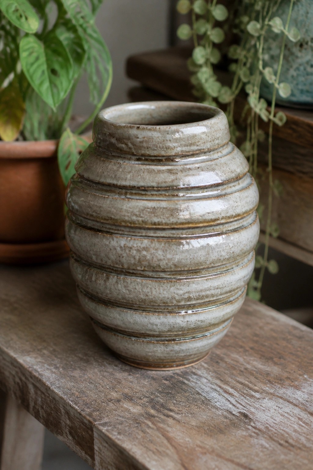 Gray ridged ceramic vase on rustic wooden table amid green potted plants.