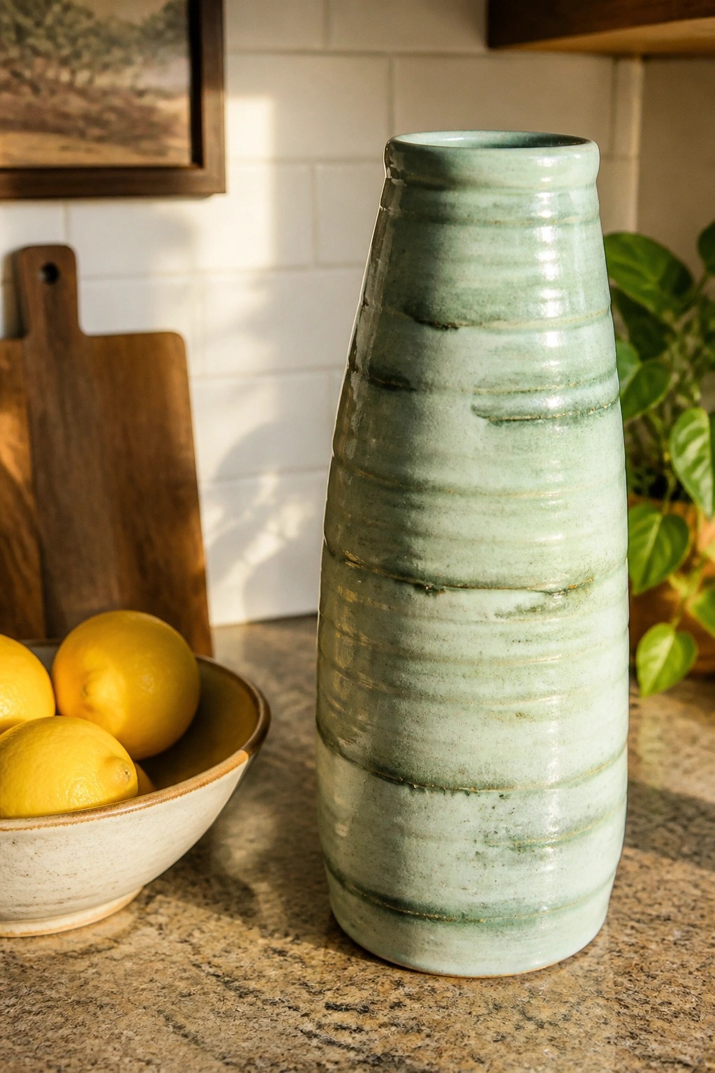 Tall light green ribbed ceramic vase beside bowl of lemons on granite countertop