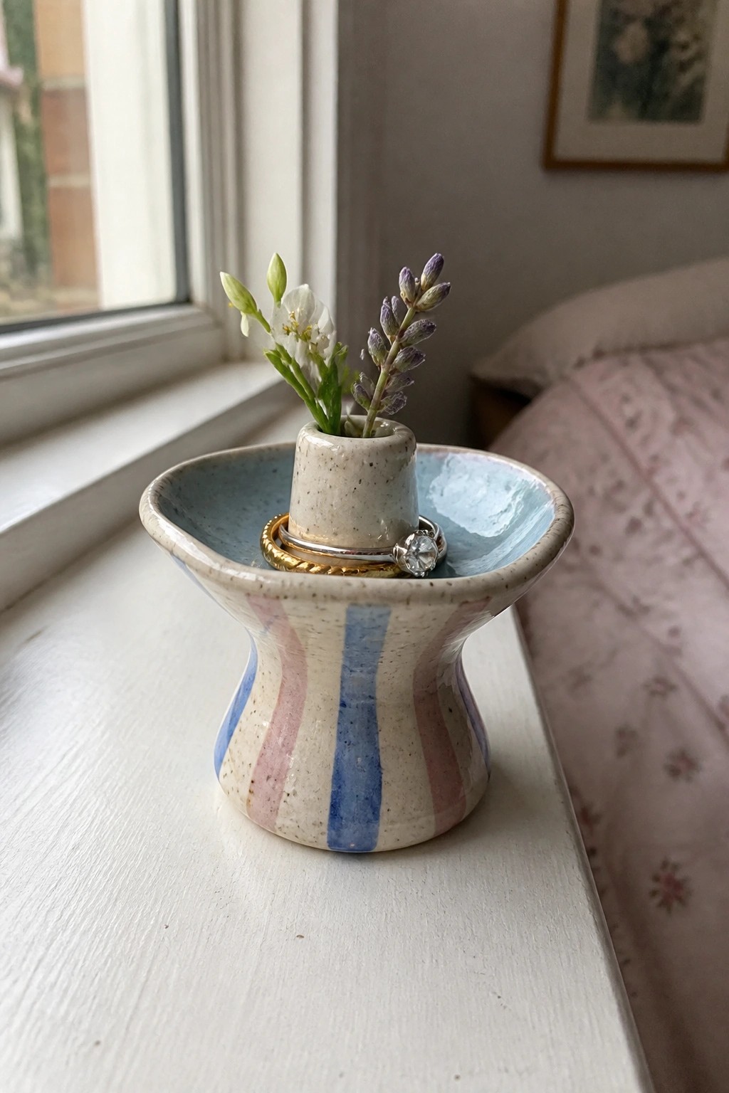 Striped ceramic holder with rings and fresh flowers on a windowsill