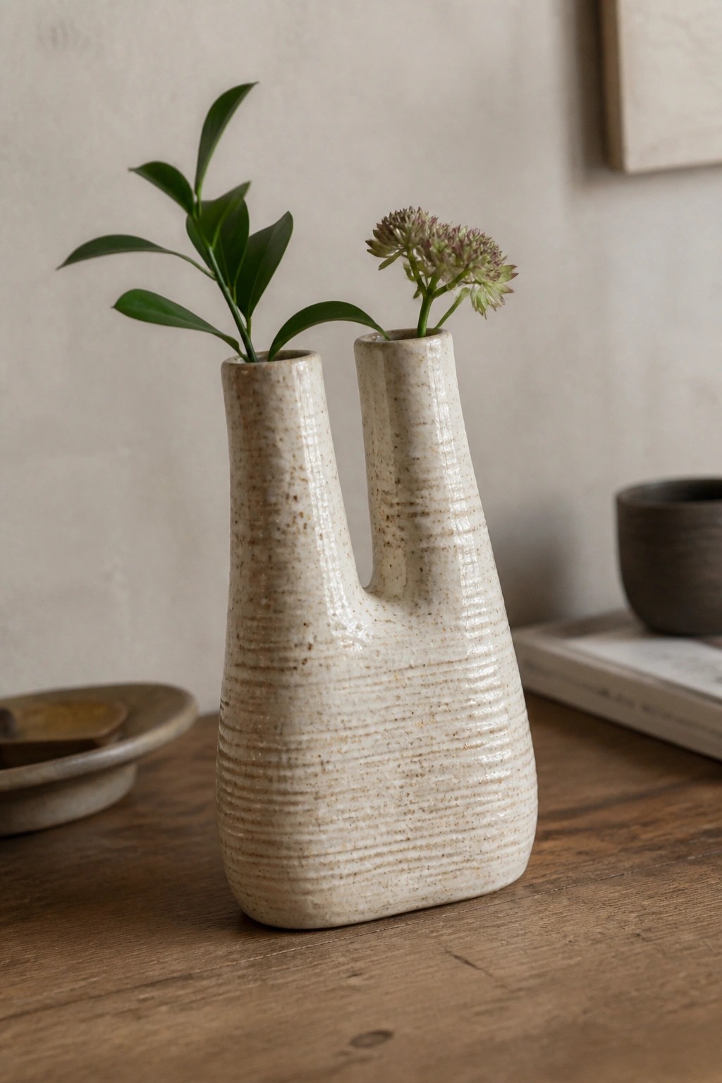 A ceramic double-necked vase with speckled off-white glaze and horizontal ridges holds two small plant cuttings on a wooden table.