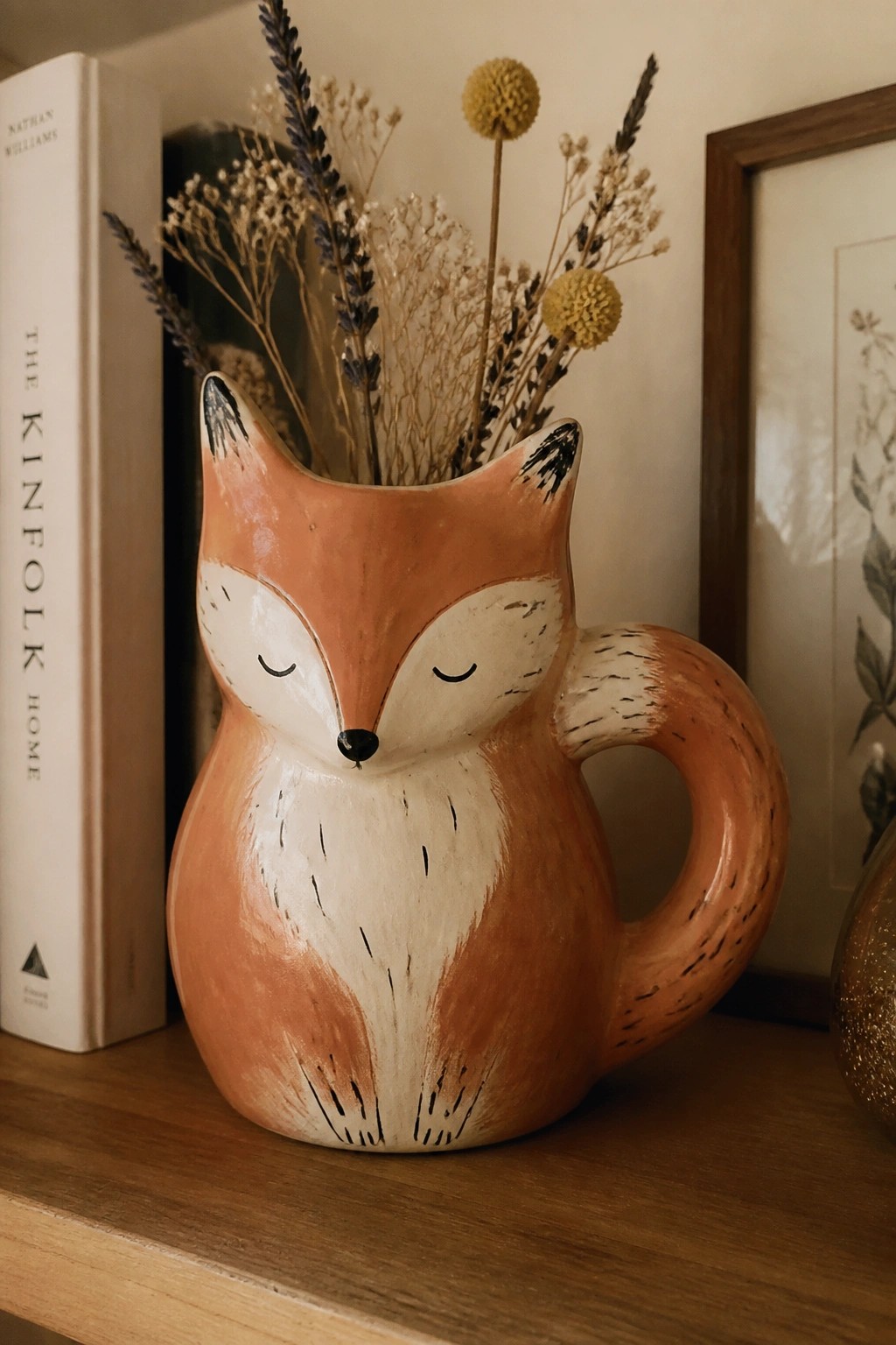 Orange ceramic fox pitcher holding dried flowers on wooden shelf beside book