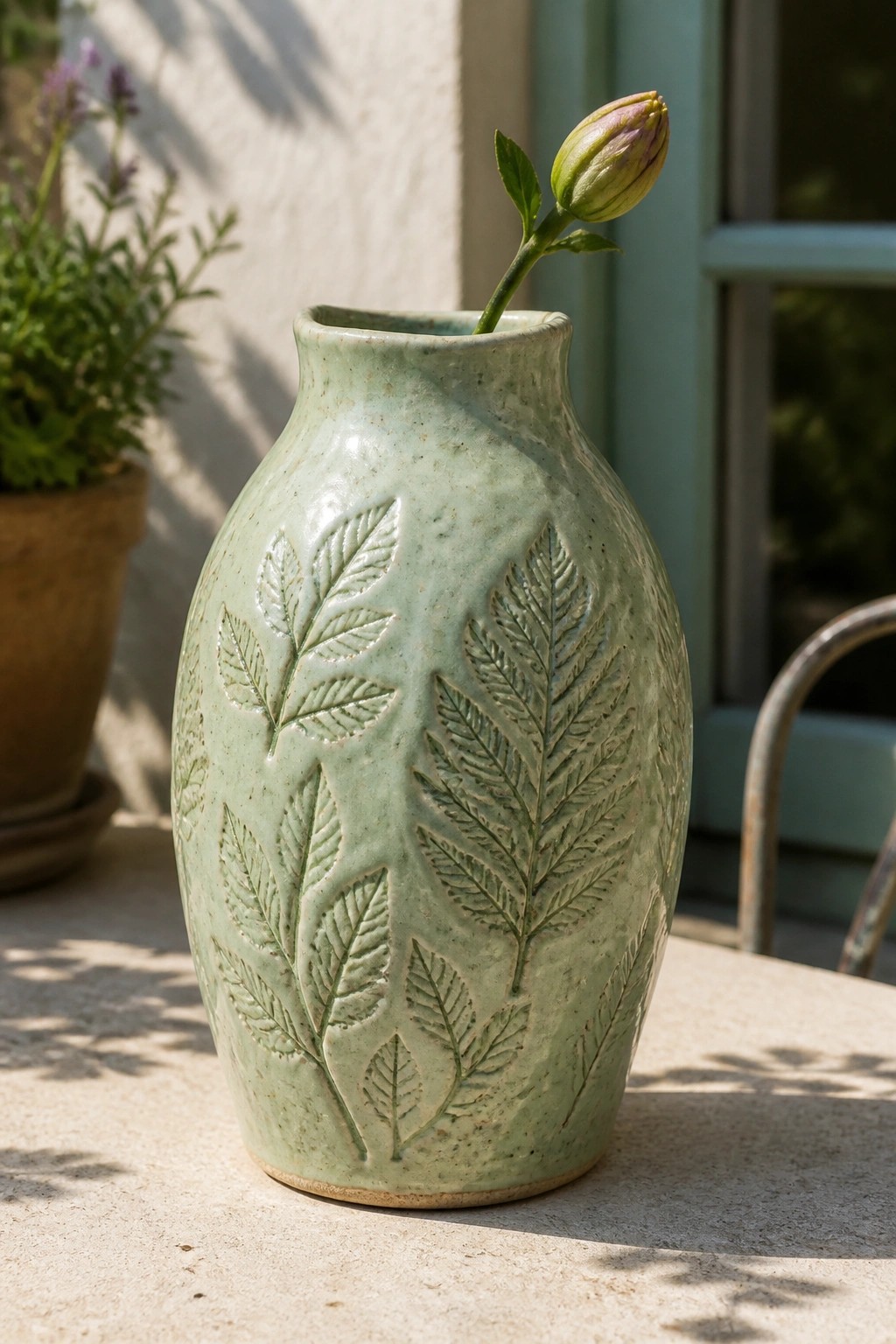 Light green ceramic vase with embossed leaves holds a single budding flower stem.