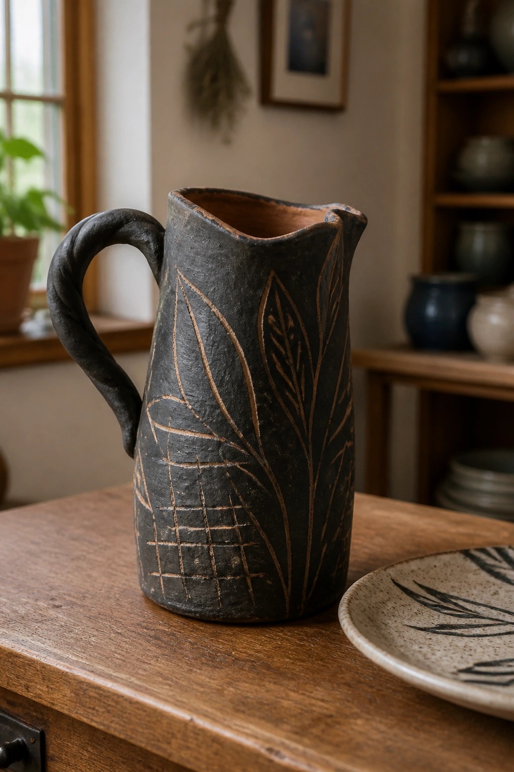 Dark ceramic pitcher with etched leaves and twisted handle on wooden table.