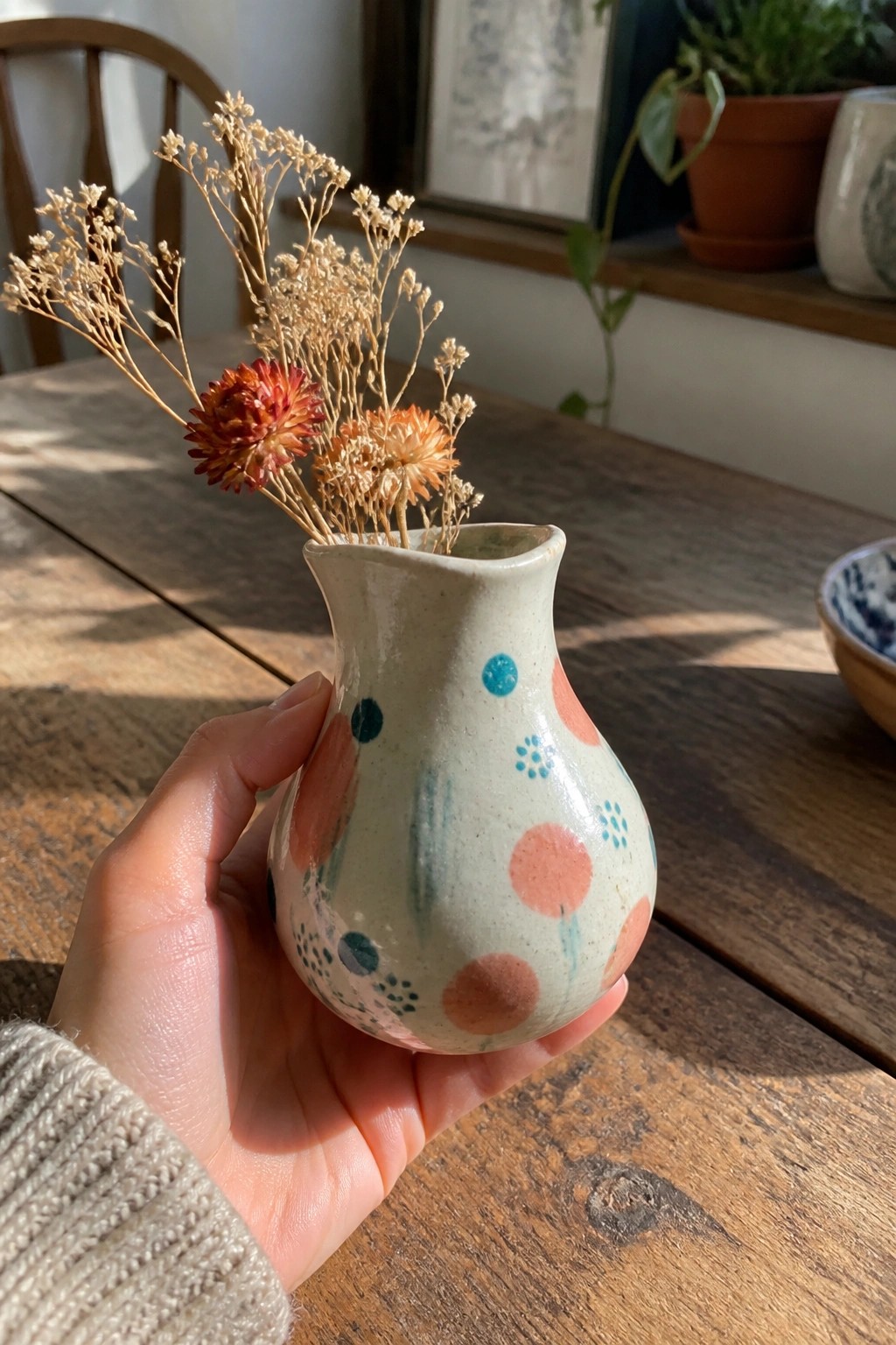 Hand in beige sweater holds dotted ceramic vase with dried flowers on wooden table