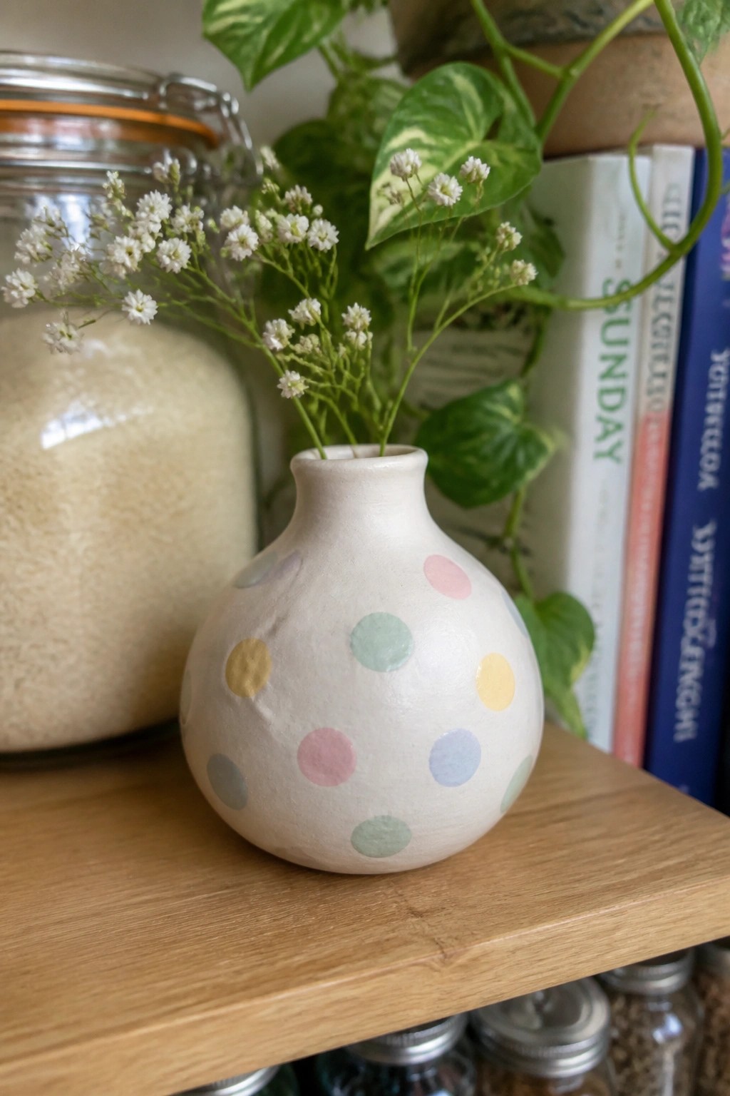 Polka-dotted ceramic vase with white flowers on wooden shelf beside books and plants.