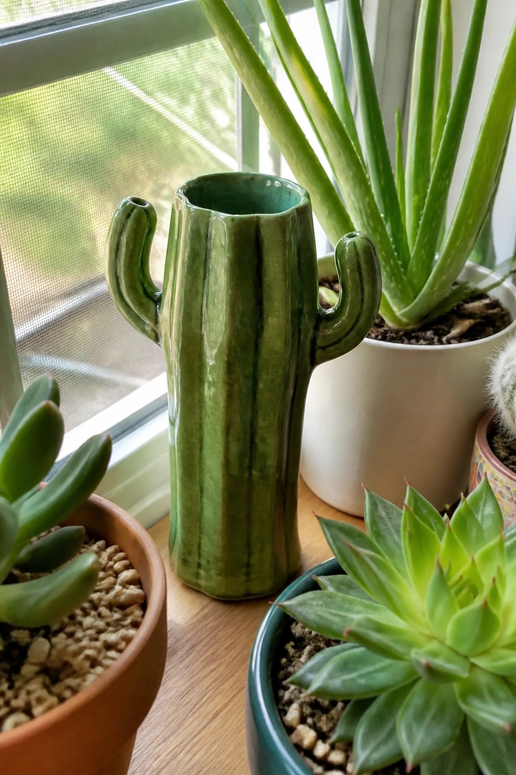Green cactus-shaped ceramic vase amid potted succulents on sunny windowsill.