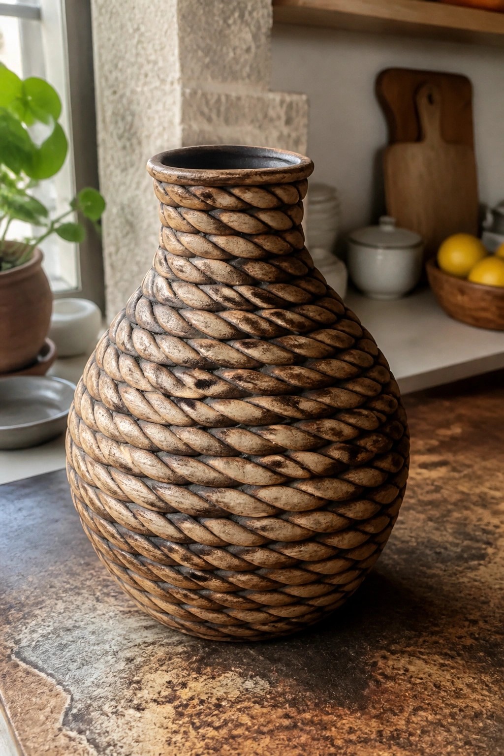 Rustic brown vase with twisted rope-like coiled texture on countertop