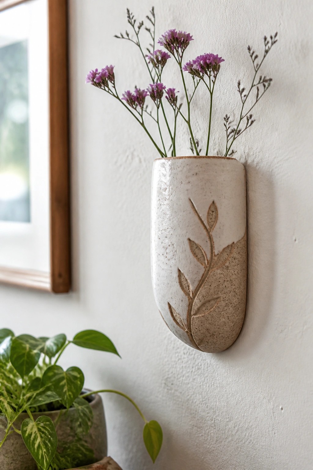 White ceramic wall vase with embossed leaves holding purple flowers on textured wall