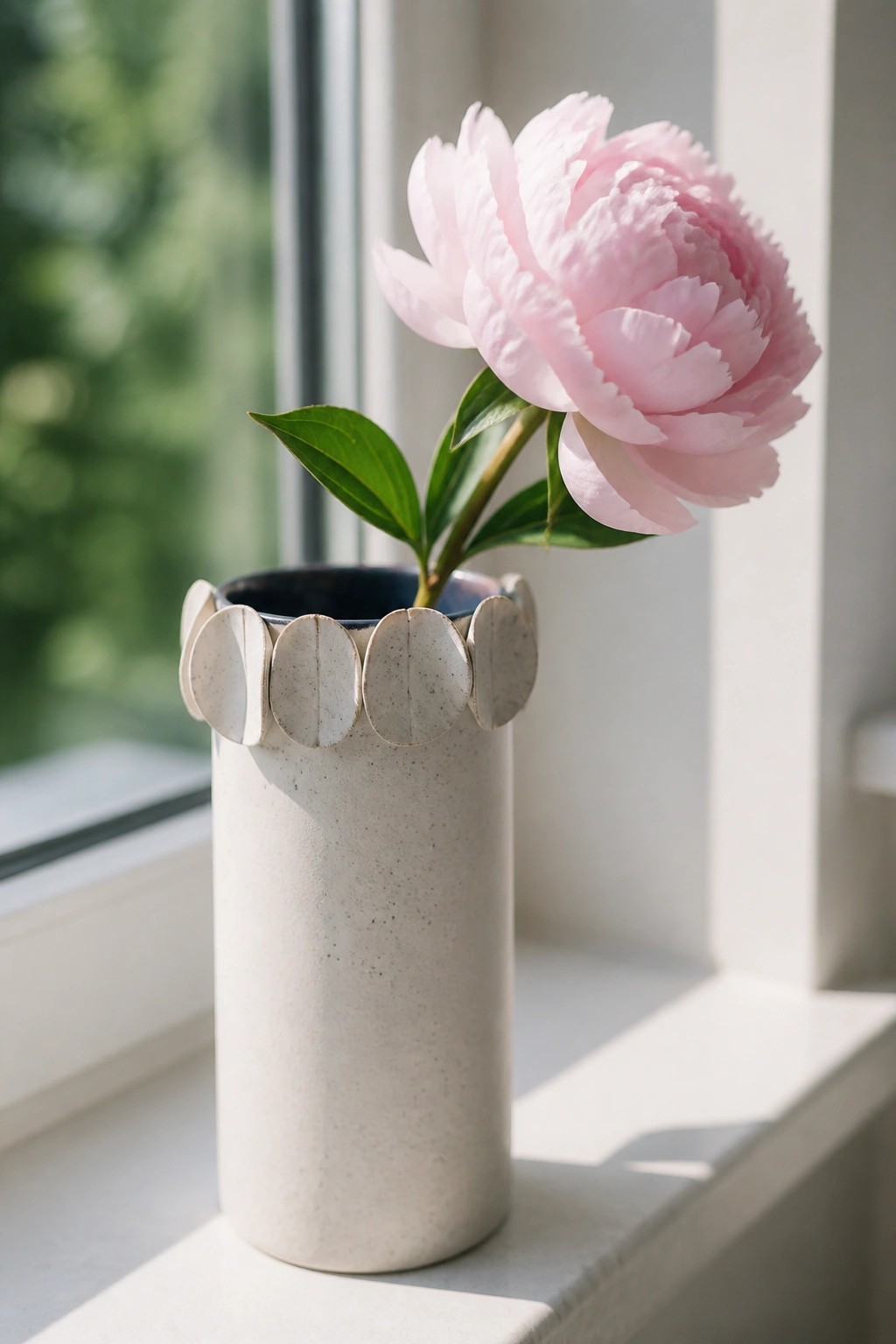 Pink peony in speckled white ceramic vase with circular rim on windowsill