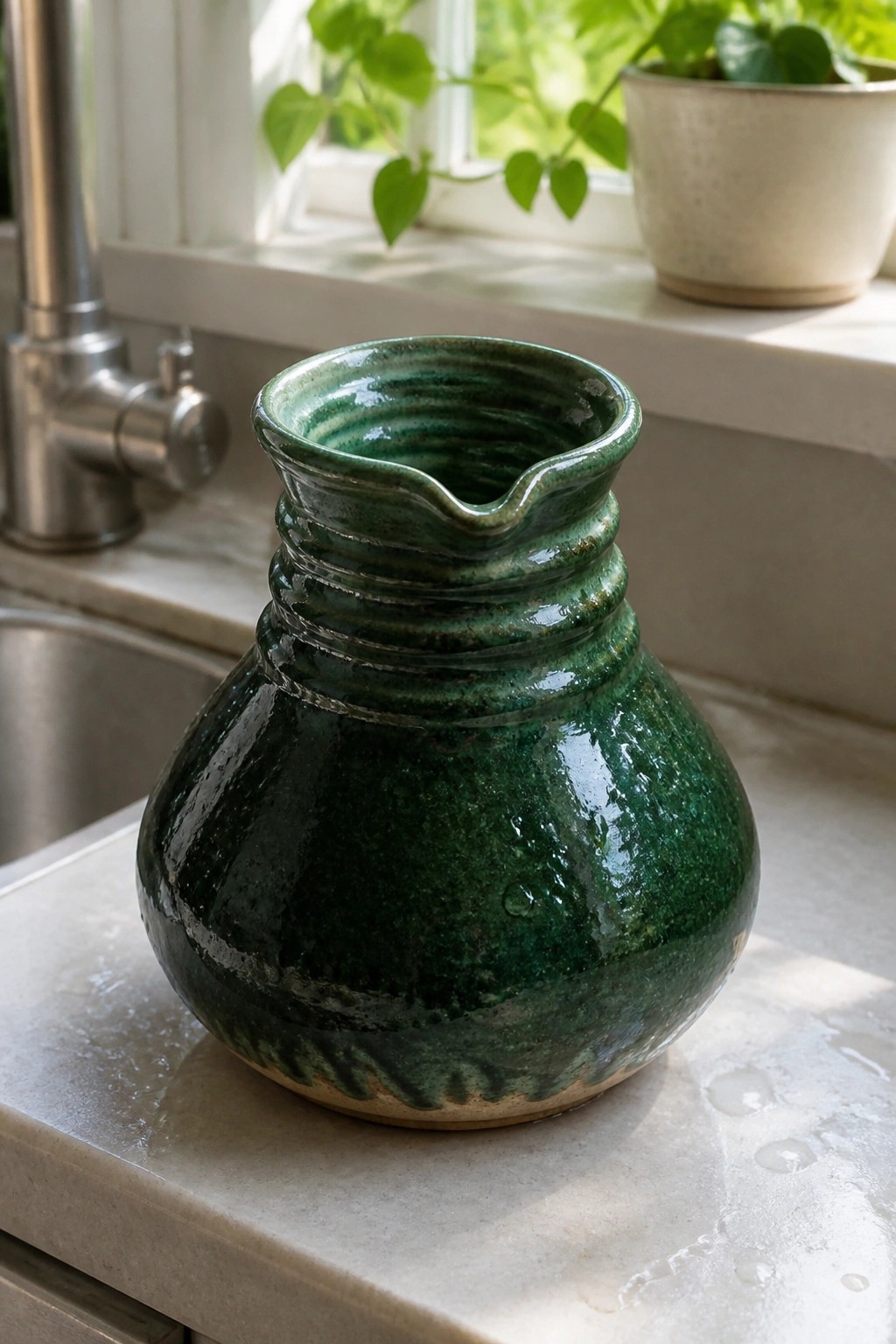 Green glazed ceramic pitcher with spout on wet kitchen countertop near sink