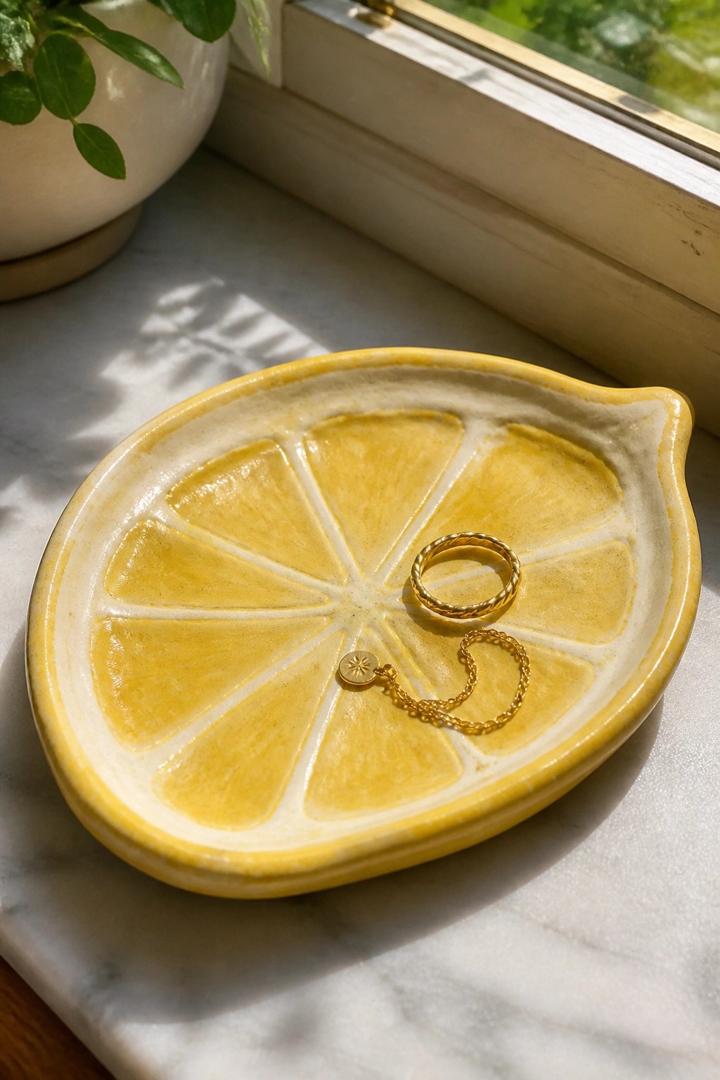 Yellow lemon-shaped ceramic dish holding gold ring and necklace on marble surface