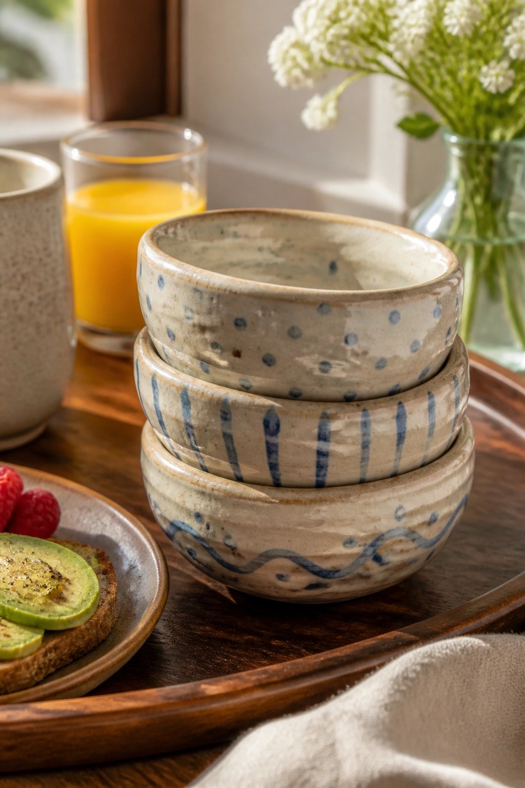 Stacked blue-patterned ceramic bowls on wooden tray with orange juice and avocado toast