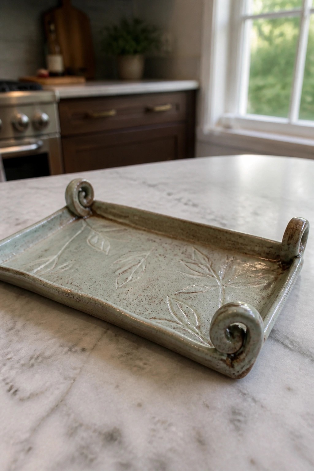 Handcrafted sage-green ceramic tray with leaf imprints and scroll handles on marble counter.