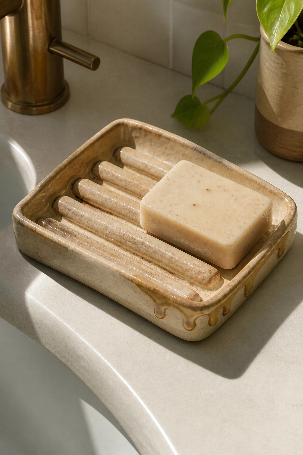 Beige ceramic soap dish holding a speckled bar on a bathroom countertop