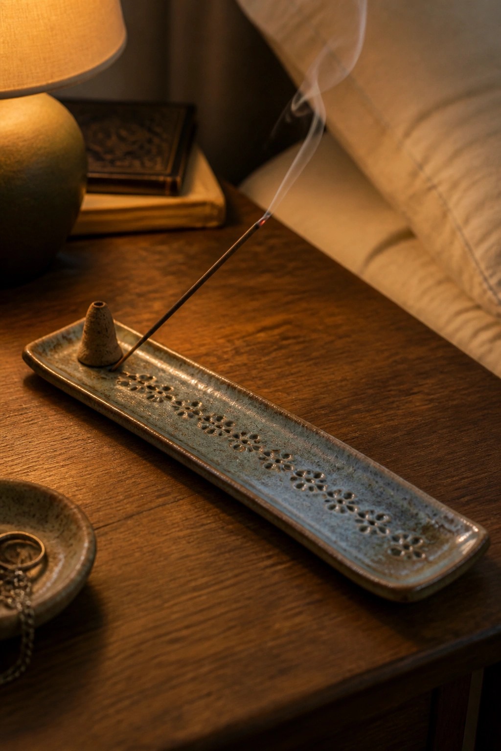 Lit incense stick in ceramic holder on wood table with rising smoke