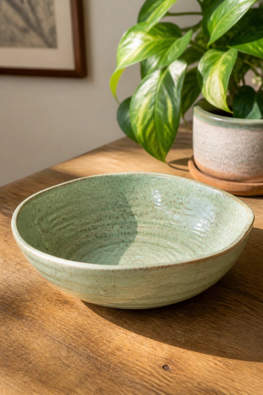 Light green speckled ceramic bowl on wooden table near potted plant.