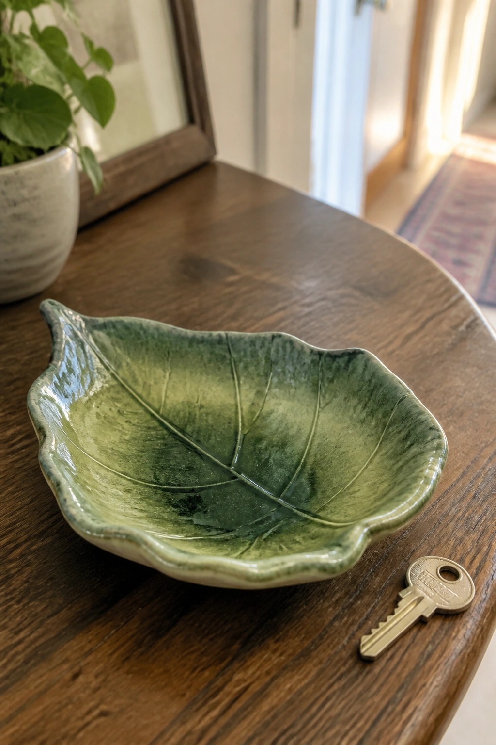 Green ceramic leaf bowl beside brass key on dark wooden table